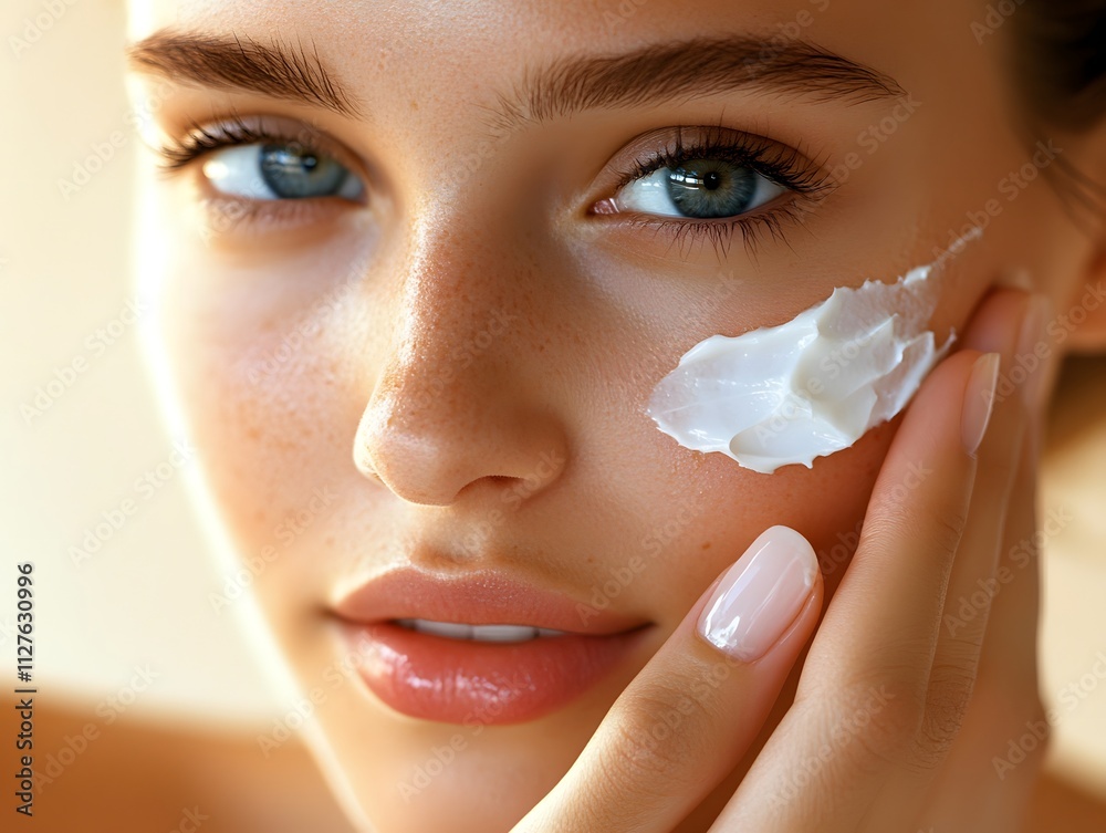 Natural Glow with Under-Eye Cream. Stunning close-up portrait of a woman with glowing skin and a light application of under-eye cream. Natural Glow with Under-Eye Cream. Stunning close-up portrait of a woman with glowing skin and a light application of under-eye cream.