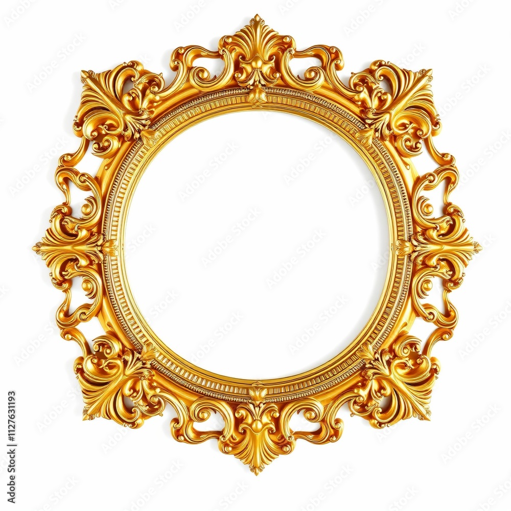 Gilded Ornate Round Frame: A circular frame crafted from gleaming gold, adorned with intricate, ornate details. This frame is a stunning statement piece for showcasing cherished memories, artwork. Gilded Ornate Round Frame: A circular frame crafted from gleaming gold, adorned with intricate, ornate details. This frame is a stunning statement piece for showcasing cherished memories, artwork.