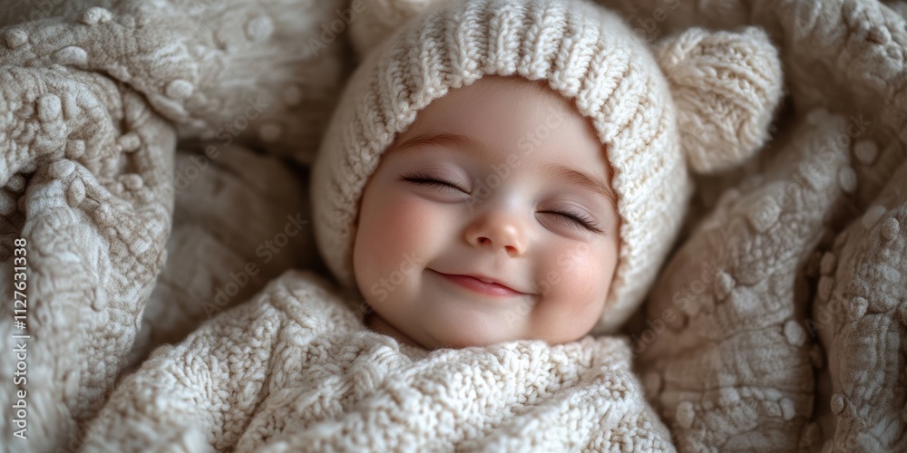 A serene and heartwarming portrait of a sleeping baby, cozily wrapped in intricate knitwear, perfectly capturing pure innocence and peaceful tranquility with a gentle smile A serene and heartwarming portrait of a sleeping baby, cozily wrapped in intricate knitwear, perfectly capturing pure innocence and peaceful tranquility with a gentle smile