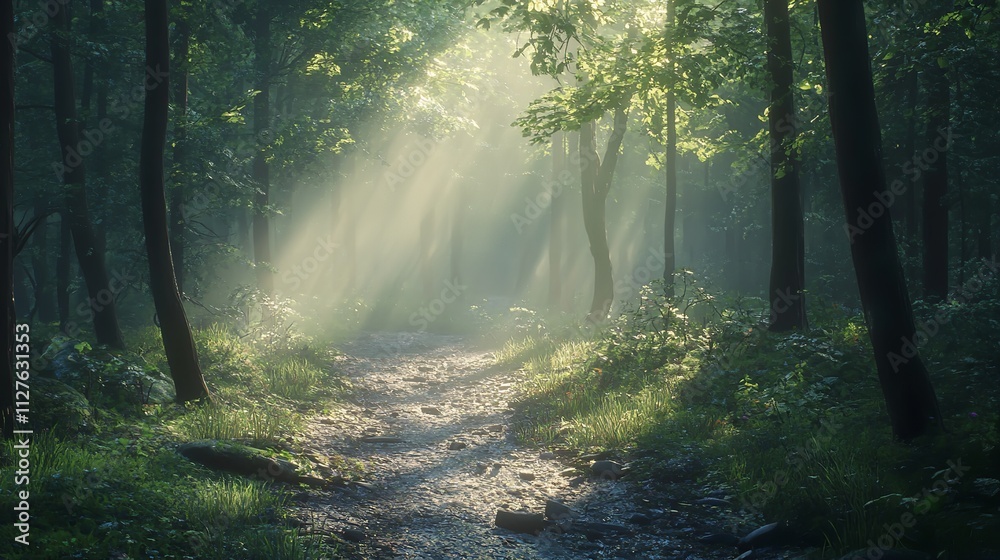 Obraz premium A Forest Scene with Trees and Water.