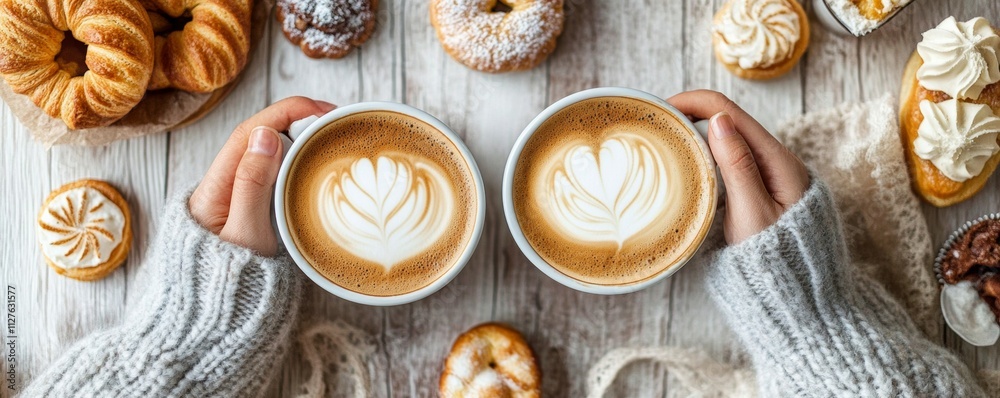 An overhead view of a coffee date setup two mugs of latte and assorted pastries, social coffee moments, bonding over treats
