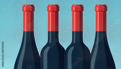 Red wine bottles in a row against a light blue background. Close up view. Minimalist design. Elegant and simple image. Perfect for wine lovers and drink related themes. photo