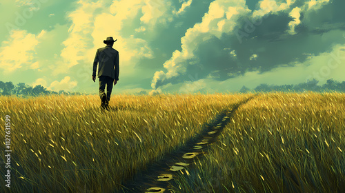 A man in a hat walks away into a field of grass with a trail of footprints in the ground. Serenity. Illustration photo