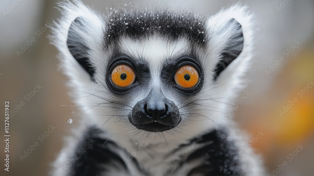 Obraz premium Close-up portrait of a ring-tailed lemur with striking orange eyes and detailed fur texture against a softly blurred natural background in Madagascar