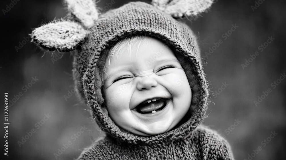 Happy baby girl in knitted deer hat laughing. Happy baby girl in knitted deer hat laughing.
