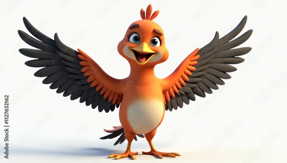 Obraz premium Cheerful cartoon bird with wide open wings. 3D bird is orange and black. Image has white background. Suitable for kids books or animated movies. Design is expressive and joyful.