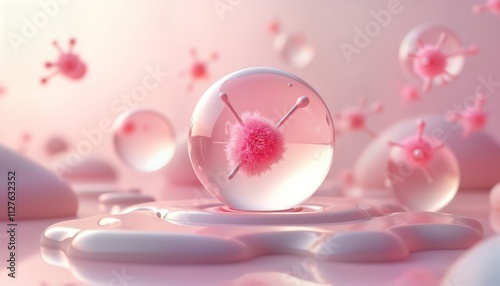 Pink molecule in transparent bubble floats on soft pink background. Cosmetic concept. Illustration shows skincare solution. Modern design. Abstract aesthetic. 3D rendering. Suitable for health care,