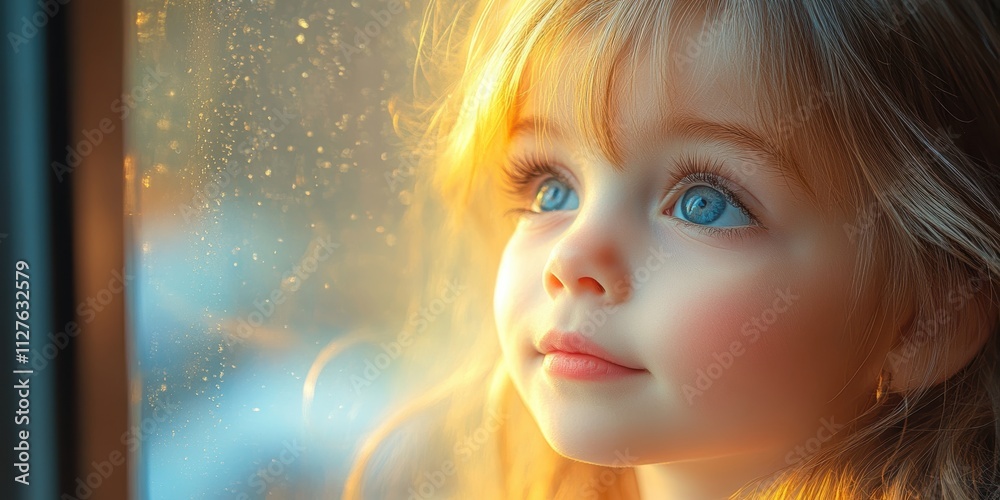 A captivating image of a young girl with striking blue eyes gazing thoughtfully out of a sunlit window, evoking a sense of wonder and innocence A captivating image of a young girl with striking blue eyes gazing thoughtfully out of a sunlit window, evoking a sense of wonder and innocence