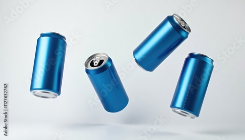 Four blue aluminum cans float against white background. Modern design product. Blank space allows brand. Ideal for beverage packaging mockups branding projects. Floating cans showcase innovative