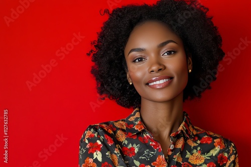 Stylish afro woman showcasing vibrant floral shirt against a striking red background portrait