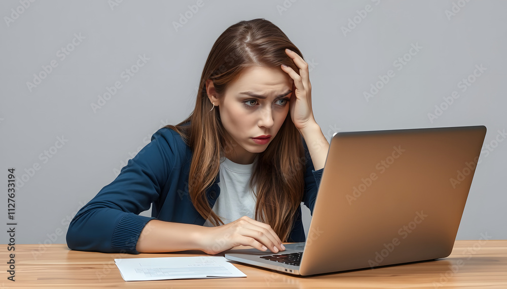 Shocked young laptop user girl sitting at table with laptop, touching head, staring at display, reading message with bad surprising news, suffering from headache, feeling depressed, tired isolated w Shocked young laptop user girl sitting at table with laptop, touching head, staring at display, reading message with bad surprising news, suffering from headache, feeling depressed, tired isolated w