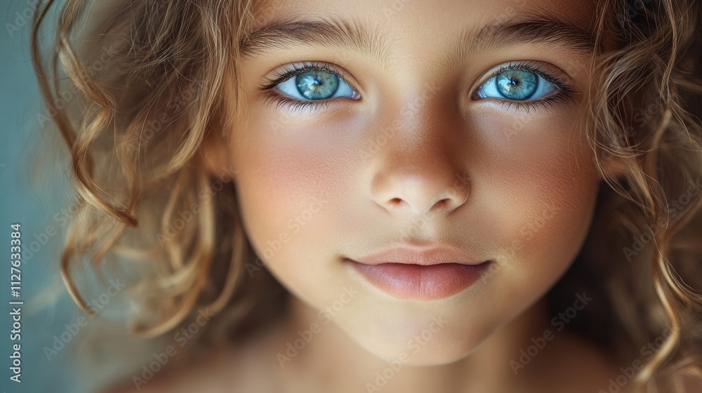An enchanting close-up portrait of a young girl with mesmerizing blue eyes, accentuated by soft natural lighting, showcasing innocence and curiosity An enchanting close-up portrait of a young girl with mesmerizing blue eyes, accentuated by soft natural lighting, showcasing innocence and curiosity