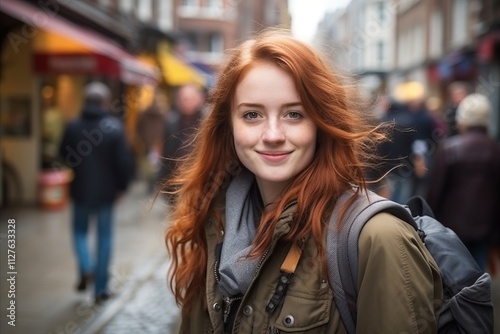 Portrait of a beautiful young redhead woman on a city street photo