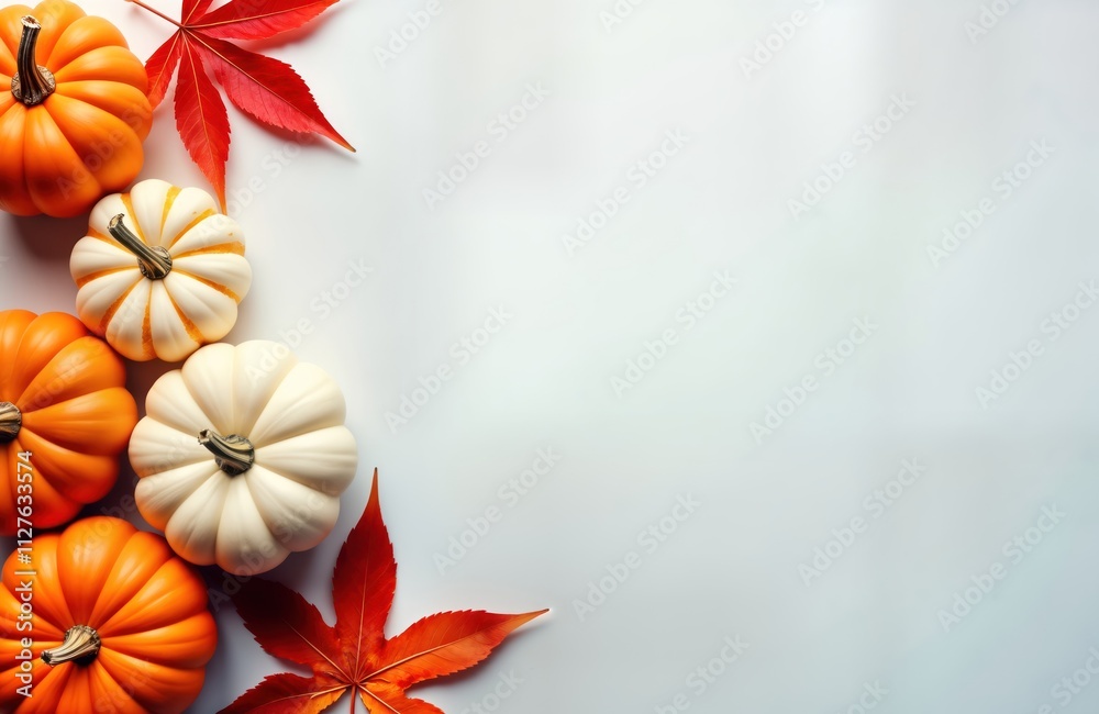 Obraz premium Fall scene featuring decorative pumpkins, vibrant fall leaves. Autumnal decor arranged on light surface. Festive autumnal background ideal for thanksgiving halloween. Rustic style, simple composition