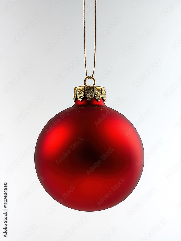 Red Christmas ornament hangs on string against white background. Perfect sphere with gold accents. Festive symbol of Christmas cheer. Decoration isolated for holiday projects. Classic red bauble for Red Christmas ornament hangs on string against white background. Perfect sphere with gold accents. Festive symbol of Christmas cheer. Decoration isolated for holiday projects. Classic red bauble for