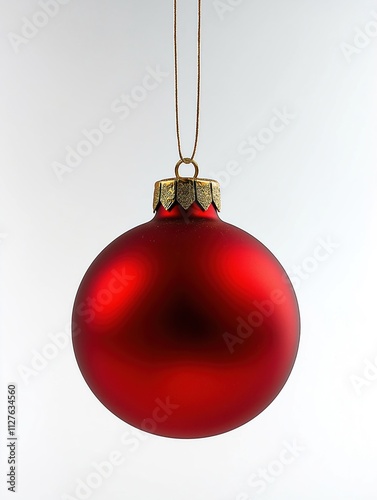 Red Christmas ornament hangs on string against white background. Perfect sphere with gold accents. Festive symbol of Christmas cheer. Decoration isolated for holiday projects. Classic red bauble for