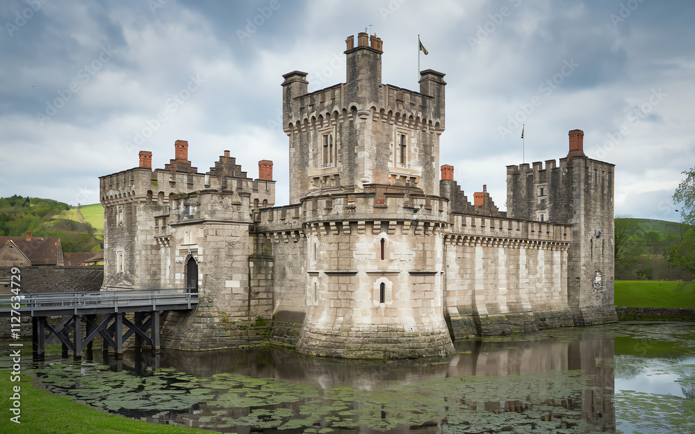 Historic castle surrounded by water in a peaceful rural setting with lush greenery Historic castle surrounded by water in a peaceful rural setting with lush greenery