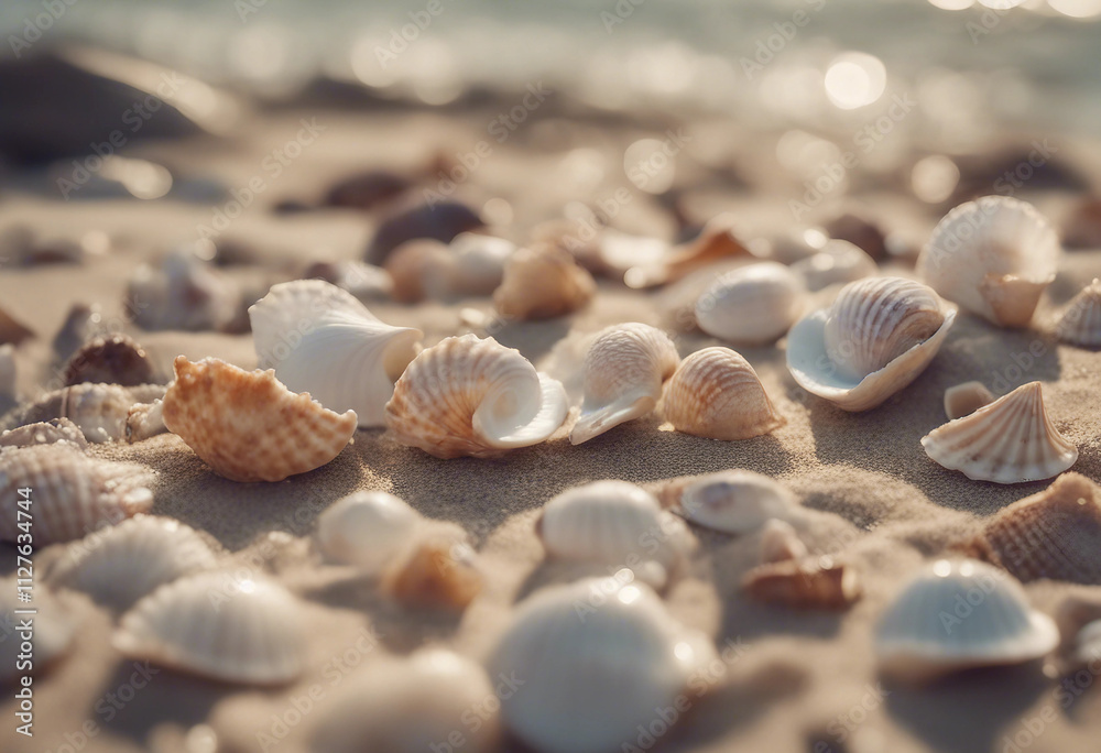 Seashells on seashore beach holiday background Seashells on seashore beach holiday background