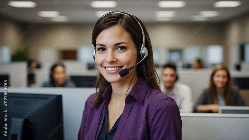Dressed in professional violet attire, a smiling brunette woman assists customers with confidence in a purple workspace. Dressed in professional violet attire, a smiling brunette woman assists customers with confidence in a purple workspace.