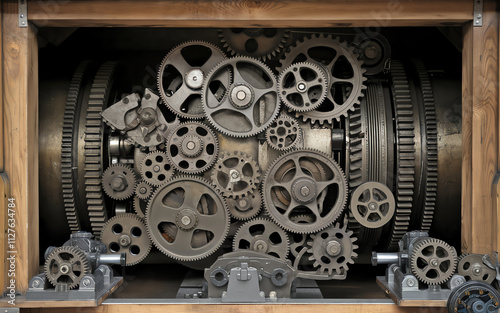 Intricate arrangement of machine gears in a vintage mechanical assembly housed in a wooden display