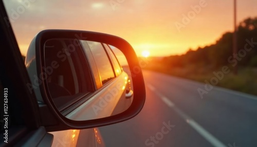 Car drives on road at sunset. Golden light reflects in rearview mirror. Road stretches into distance. Beautiful scenery. Travel. Summer day. Vacation. Journey. Relaxing. Freedom. Landscape. Travel