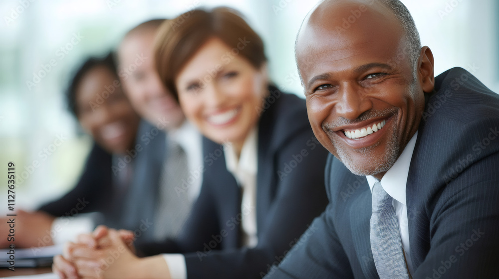 Senior manager displaying leadership and teamwork while smiling during a corporate meeting with a diverse team Senior manager displaying leadership and teamwork while smiling during a corporate meeting with a diverse team