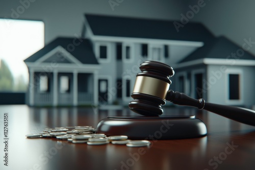 A Close-Up of a Gavel Resting on a Wooden Block with Coins and a House Model in the Background Symbolizing Real Estate Law and Financial Transactions photo