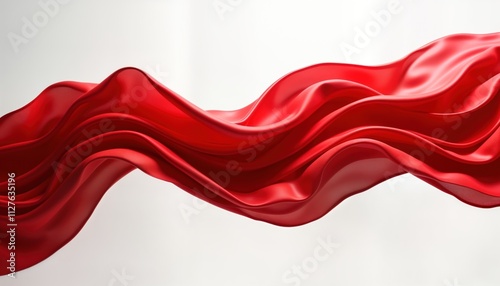 Red silk fabric drapes in dynamic waves. Elegant, luxurious material flows freely. Smooth, glossy texture shows movement. Suitable for fashion design textile illustrations. Luxurious fabric creation.