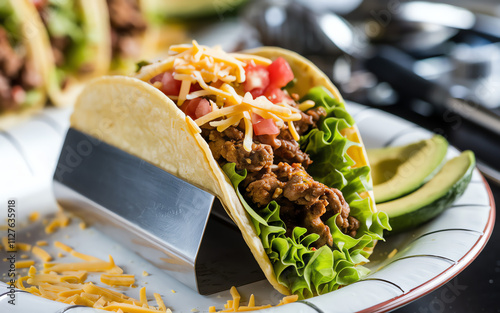 Delicious taco filled with seasoned meat, fresh toppings, and avocado on a plate in a kitchen setting