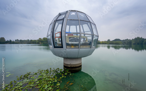 Modern glass pod situated over calm waters in a serene natural setting photo