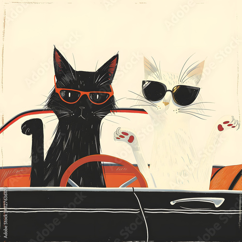 An adorable illustration depicts two stylish cats in sunglasses having fun driving in a car, capturing the cute and cool companionship between feline friends on the move