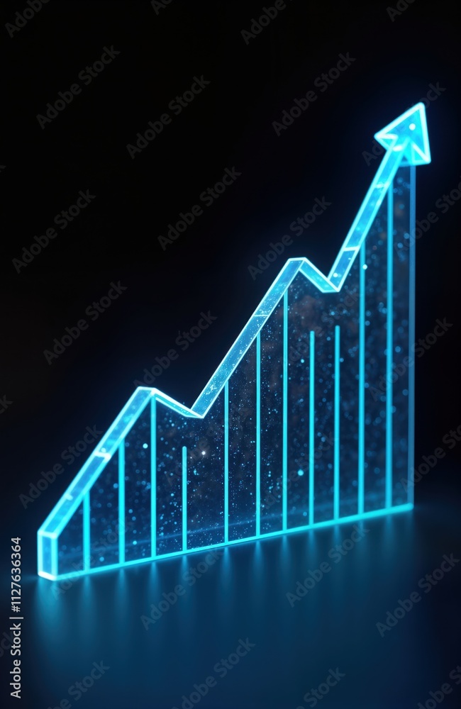 Modern three dimensional graph displays upward trend in business finance. Futuristic design with vibrant blue light. Abstract illustration economic growth. Graph shows positive investment, financial Modern three dimensional graph displays upward trend in business finance. Futuristic design with vibrant blue light. Abstract illustration economic growth. Graph shows positive investment, financial