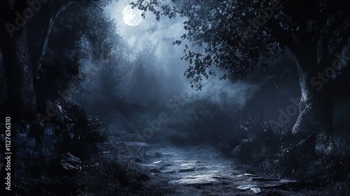 Moonlit forest path, mystical night scene.