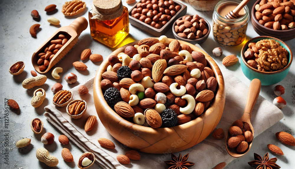 wooden bowl filled with mixed nuts on white background wooden bowl filled with mixed nuts on white background