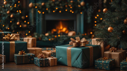 Classical Christmas decorated interior living room with fireplace. Christmas tree with  ornament decorations gift boxes. Modern classic style interior design apartment. Christmas eve at home