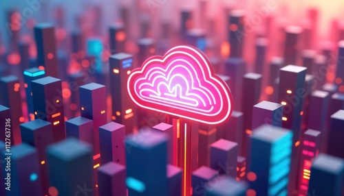 Futuristic city skyline with vibrant neon lights. Cloud computing platform service. Digital communication network shown through tech infrastructure. Real-time communication integration depicted. photo