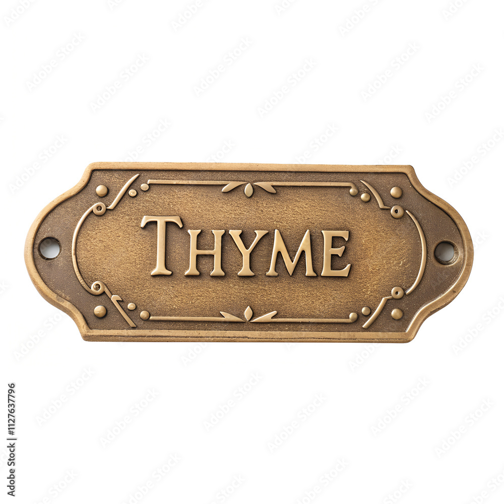 Elegant bronze sign for thyme featuring classic typography and decorative accents Elegant bronze sign for thyme featuring classic typography and decorative accents