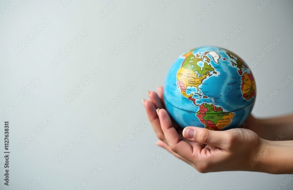 Hands hold small globe eco commitment. Global responsibility shown. Positive eco impact emphasized. Photo shows global unity. World peace, cooperation. Eco responsibility concepts. Image perfect for