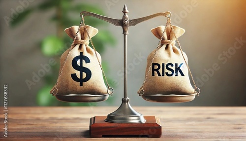 Risk assessment/risk analysis and management concept : Dollar and risk bags on basic balance scale, depict evaluation of financial risk that investor involved in stock, futures and derivative market