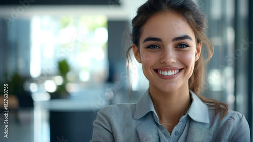 Confident young businesswoman showcases professionalism and success in a modern office setting