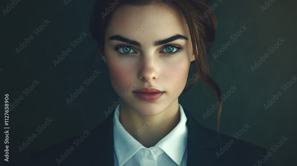 Serious businesswoman posing in a close-up portrait, wearing a suit and white shirt, against a dark background Serious businesswoman posing in a close-up portrait, wearing a suit and white shirt, against a dark background