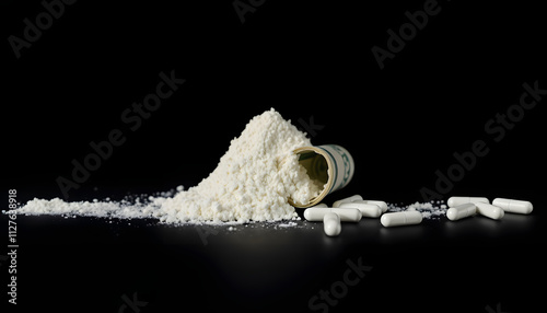 Line of white powder narcotics, white pills and rolled US dollar banknote on dark background. Concept of addiction and bad habits isolated with white highlights, png