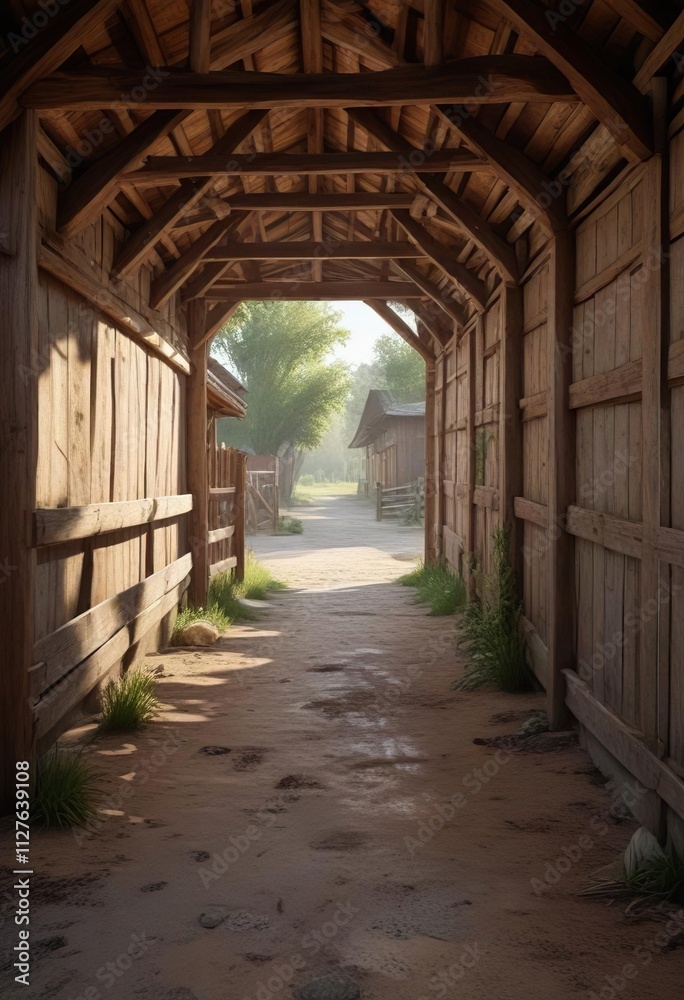 Obraz premium Old wooden barn stalls with a sheltered pathway for animals, livestock, barn