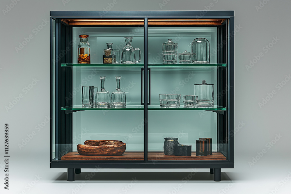 Photographie d'une vitrine en verre moderne avec cadre métallique, sans poignées et bouteilles d'alcool, design épuré sur fond blanc Photographie d'une vitrine en verre moderne avec cadre métallique, sans poignées et bouteilles d'alcool, design épuré sur fond blanc