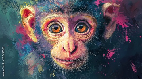 This AI-generated artwork features a blue-toned monkey with expressive eyes, surrounded by a vivid abstract background. The colorful splashes and fine details create a striking, modern composition. AI