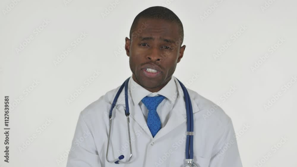Portrait of African Doctor Doing Video Chat via Phone on White Background Portrait of African Doctor Doing Video Chat via Phone on White Background