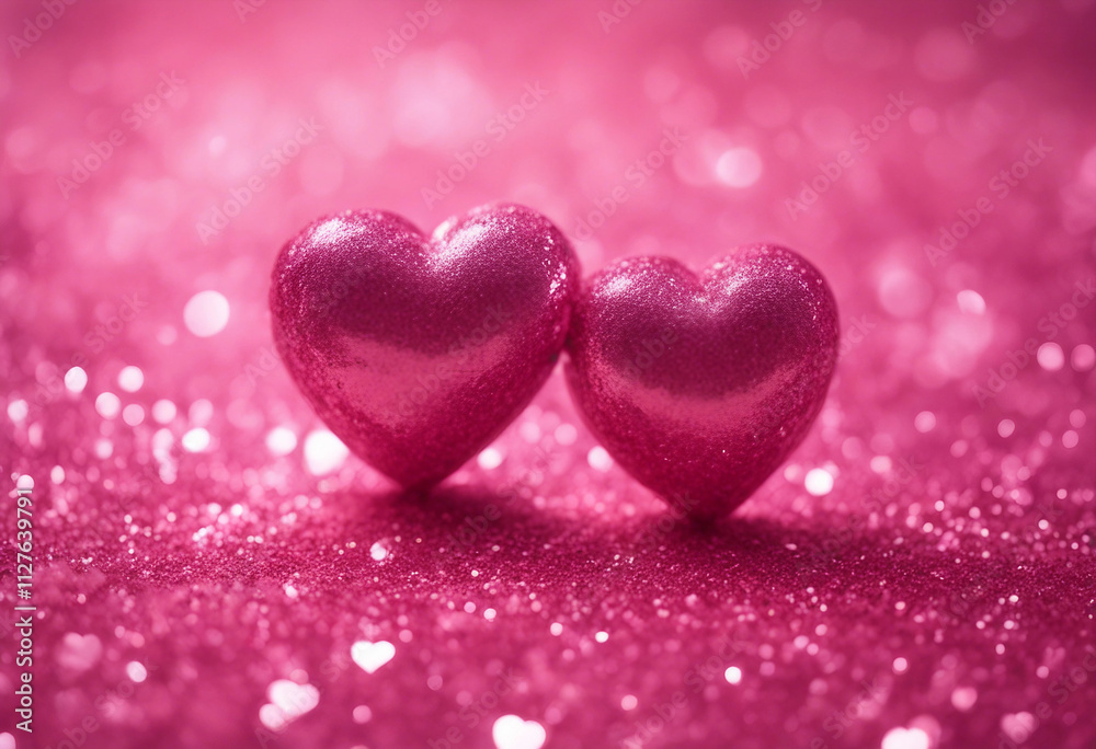 Two Hearts On Pink Glitter In Shiny Background Valentines Day Concept Two Hearts On Pink Glitter In Shiny Background Valentines Day Concept
