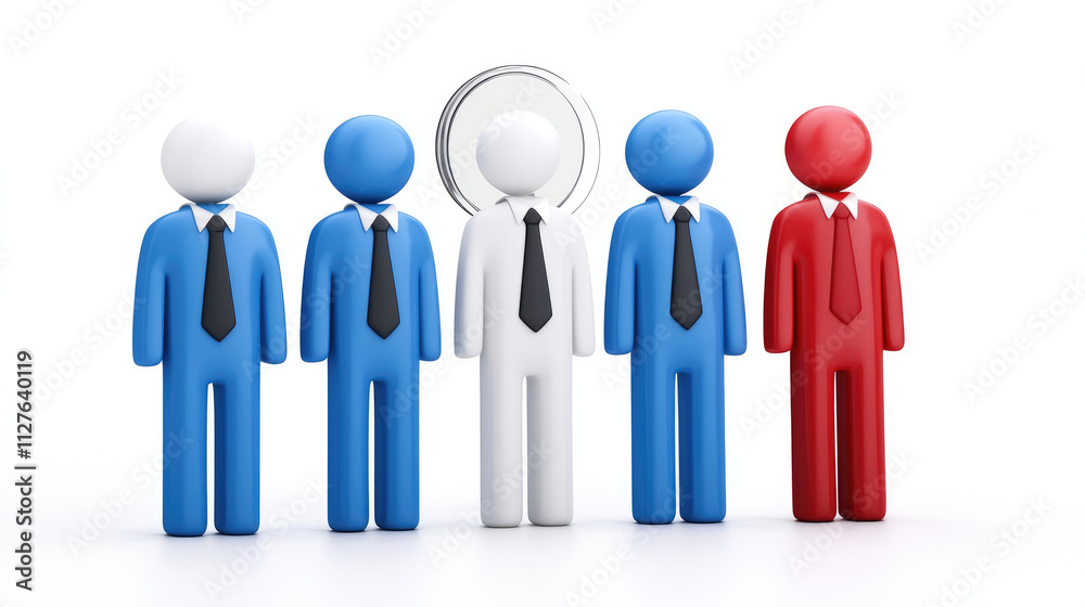 hiring Group of stylized figures in blue, white, and red, representing diversity and teamwork. white figure stands out, symbolizing leadership and uniqueness. job hiring Group of stylized figures in blue, white, and red, representing diversity and teamwork. white figure stands out, symbolizing leadership and uniqueness. job