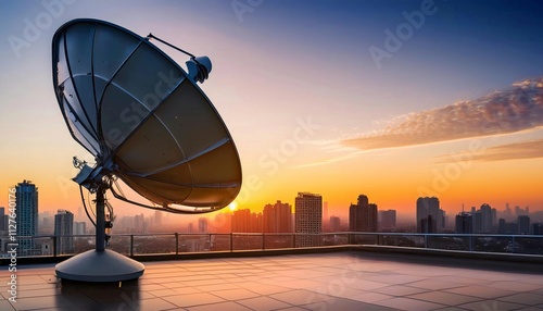 Satellite dish and tv antenna on the house roof with bright afternoon sky background with Silhouette of the urban city in the background.