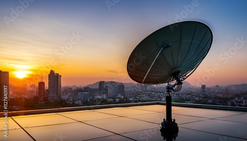 Satellite dish and tv antenna on the house roof with bright afternoon sky background with Silhouette of the urban city in the background.
